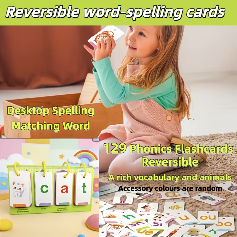 129-Piece Word Spelling Game Card Set for Kids, Spelling Flash Cards, Phonics Learning & Educational Word Game