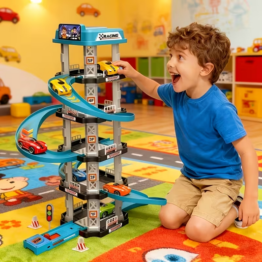 3D Multi-Level Racing Track Toy Set for Kids, 2 Cars with Launcher, Drift Track, Helipad & Gas Station