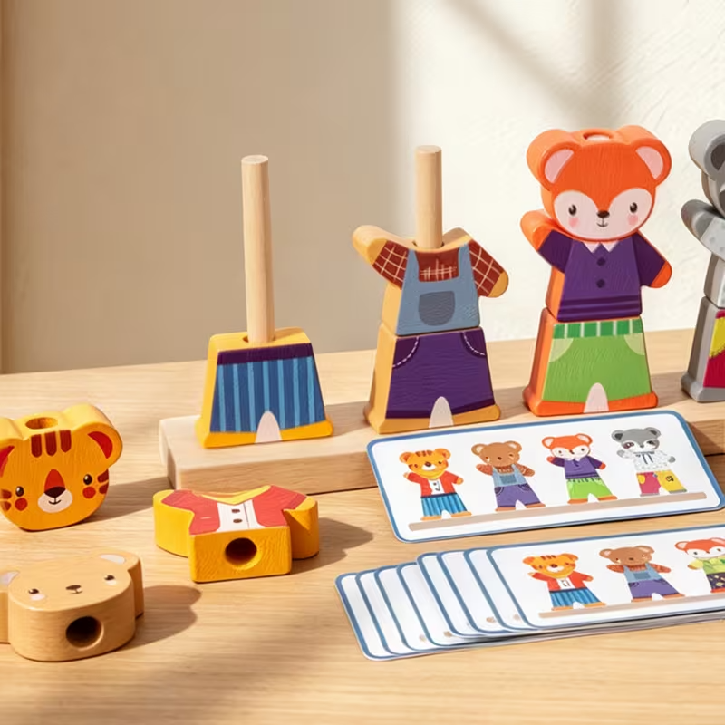 Wooden Animal Dress-Up Puzzle Blocks for Kids, Matching & Building Game, Fine Motor Skills Educational Toy