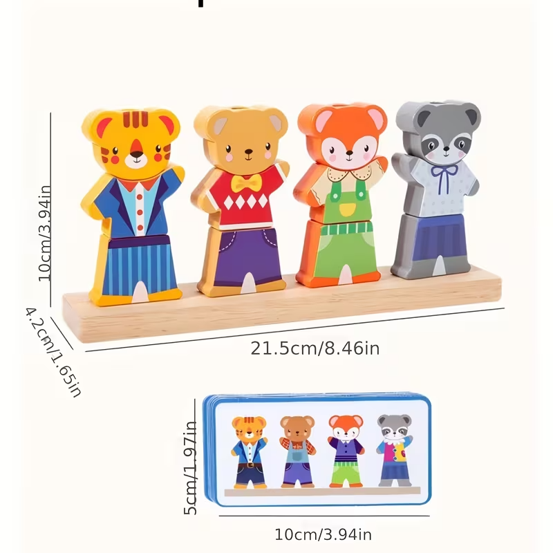 Wooden Animal Dress-Up Puzzle Blocks for Kids, Matching & Building Game, Fine Motor Skills Educational Toy