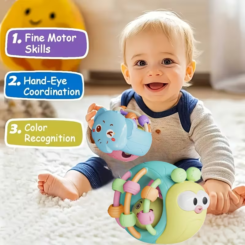 Baby Rattle Toy, Cute Snail & Elephant Handheld Rattle Ball, Infant Sensory Toy for Newborns, Plastic Baby Gift
