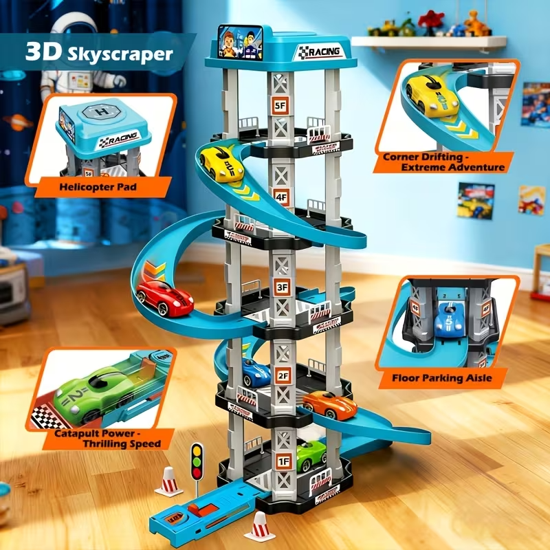 3D Multi-Level Racing Track Toy Set for Kids, 2 Cars with Launcher, Drift Track, Helipad & Gas Station