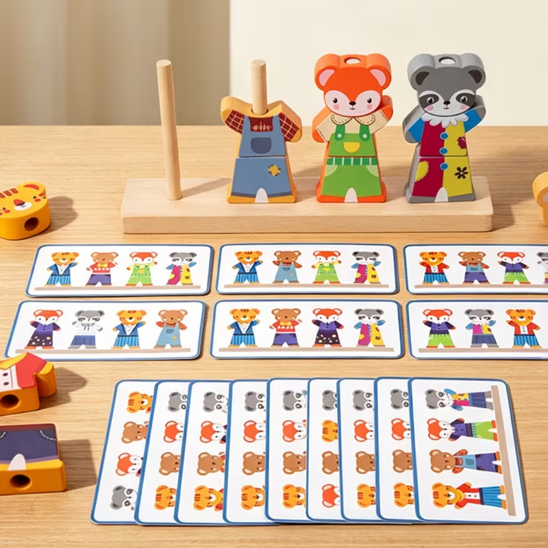Wooden Animal Dress-Up Puzzle Blocks for Kids, Matching & Building Game, Fine Motor Skills Educational Toy