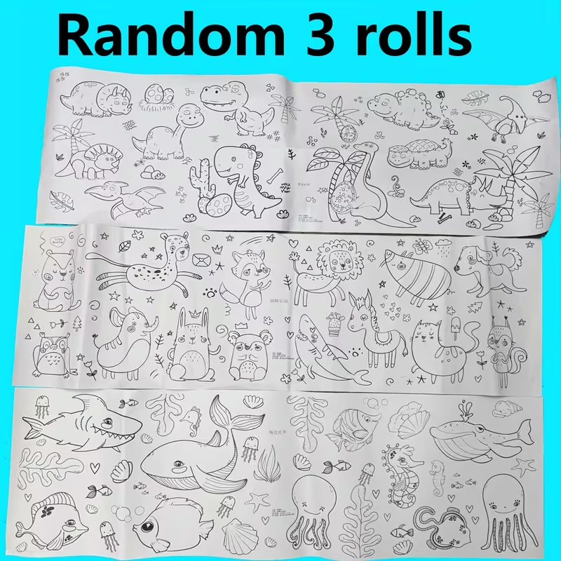 3-Roll Doodle Scroll Drawing Paper Set for Kids Ages 3+, Creative Painting & Coloring Activity, Animal & Fruit Designs