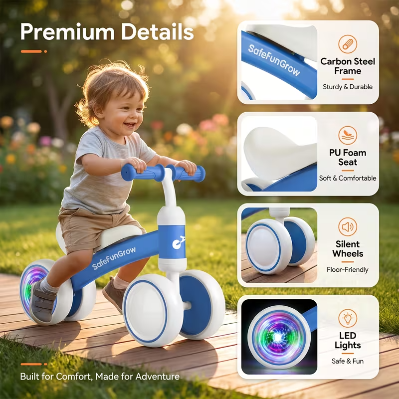 Toddler Balance Bike for 10-36 Months, 4-Wheel Baby Ride-On Toy, Battery-Free First Training Bike