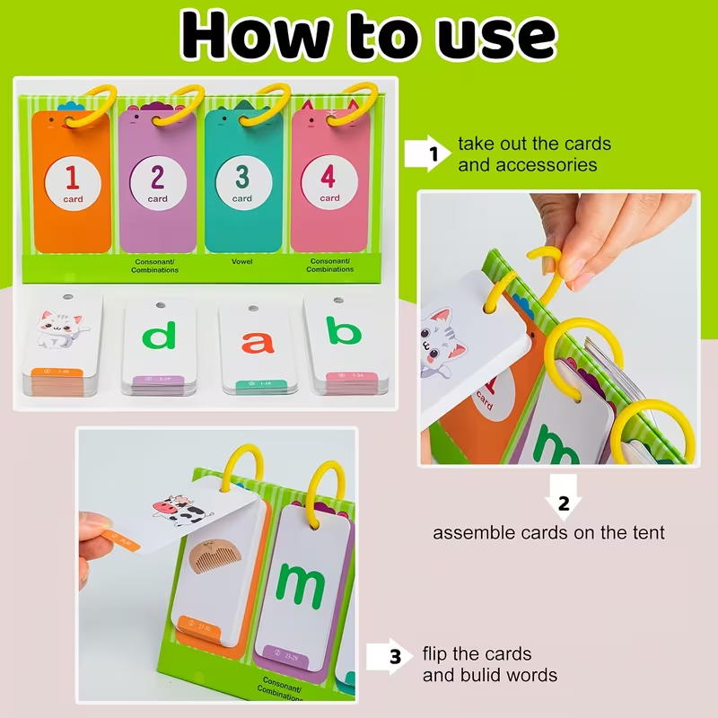 129-Piece Word Spelling Game Card Set for Kids, Spelling Flash Cards, Phonics Learning & Educational Word Game