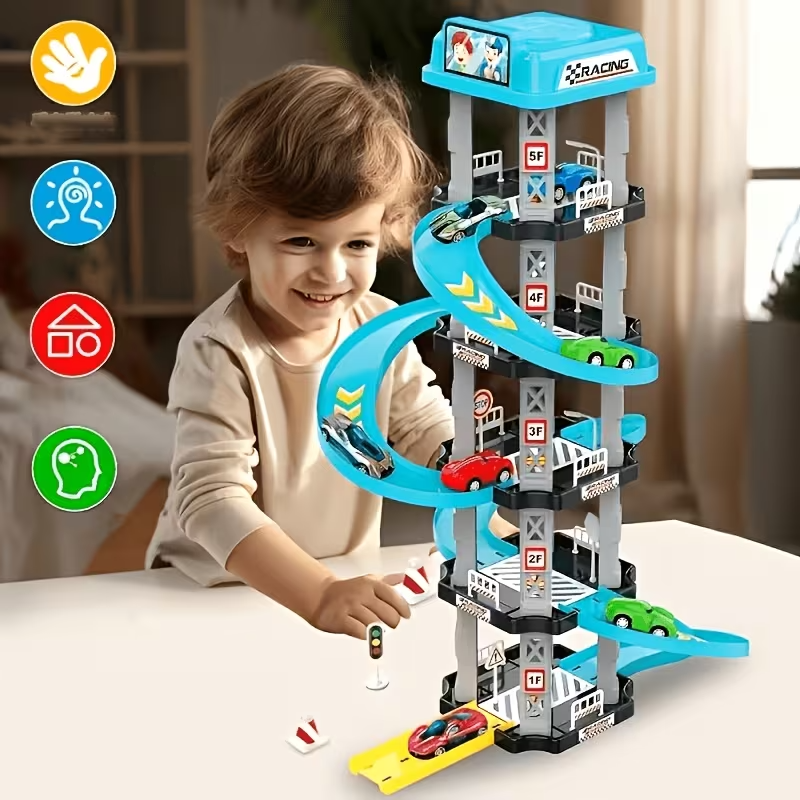 3D Multi-Level Racing Track Toy Set for Kids, 2 Cars with Launcher, Drift Track, Helipad & Gas Station