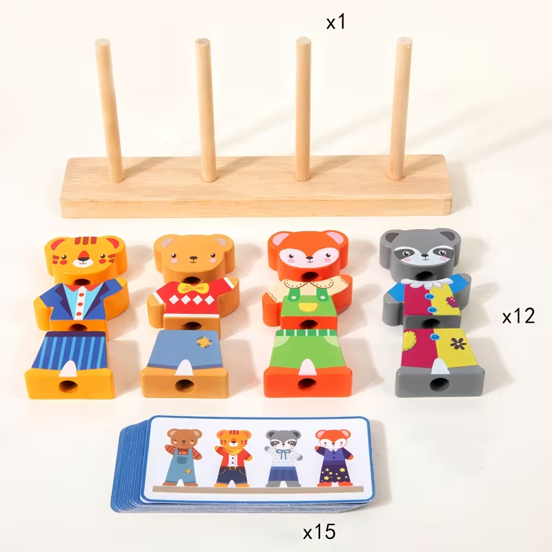 Wooden Animal Dress-Up Puzzle Blocks for Kids, Matching & Building Game, Fine Motor Skills Educational Toy