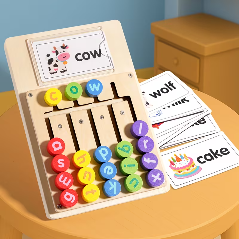 Letter Matching Spelling Board Toy for Kids, Alphabet Learning Game with 12 Double-Sided Cards, 24 Words