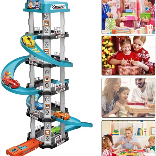 3D Multi-Level Racing Track Toy Set for Kids, 2 Cars with Launcher, Drift Track, Helipad & Gas Station