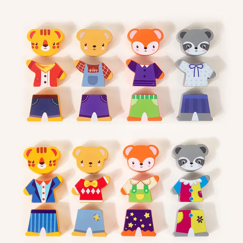 Wooden Animal Dress-Up Puzzle Blocks for Kids, Matching & Building Game, Fine Motor Skills Educational Toy